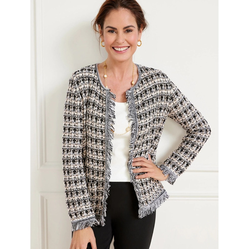 TALBOTS Open Front Woven Elegant Cardigan Black Metallic Gold Sparkle‎ Fringe 12